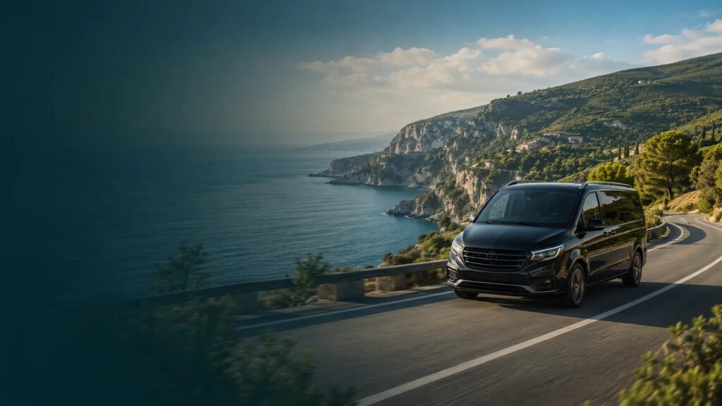 Private Transfers in Bulgaria minivan on a scenic coastal road in Bulgaria